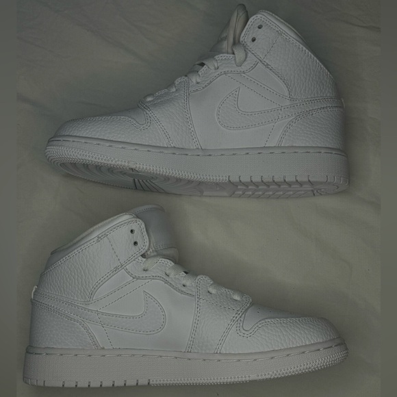 Nike Other - NWOT - AIR JORDAN 1 Mid Triple White Tumbled Leather Nike Size 4.5Y Sneaker Shoe